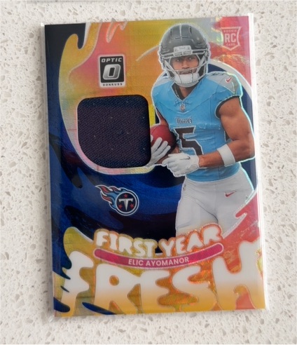 2025 Donruss Optic #FYFBH-EAR Elic Ayomanor First Year Fresh Patch Blue Hyper Titans — front