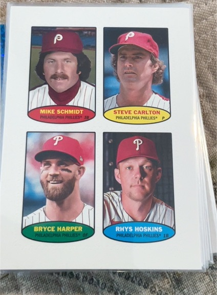 2023 Topps Heritage 1974 Baseball Stamps #74BS-29-32 Mike Schmidt, Steve Carlton, Bryce Harper, Rhys Hoskins — front