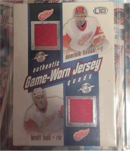 2002-03 Pacific Heads Up #12 Dominik Hasek, Brett Hull Game-Worn Jersey Quads — front