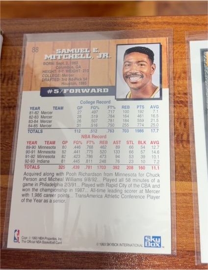 1993 SkyBox #88 Sam Mitchell Indiana Pacers — front