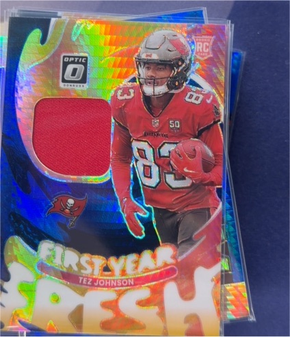 2025 Donruss Optic #FYFBH-TJN Tez Johnson First Year Fresh Blue Hyper Jersey Patch — front