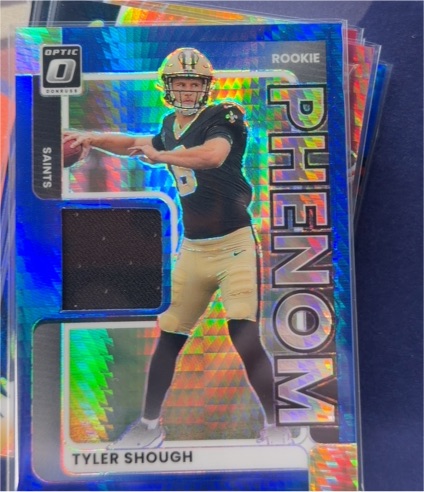 2025 Panini Donruss Optic #RPBH-TSH Tyler Shough Rookie Phenom Blue Hyper Jersey Patch — front