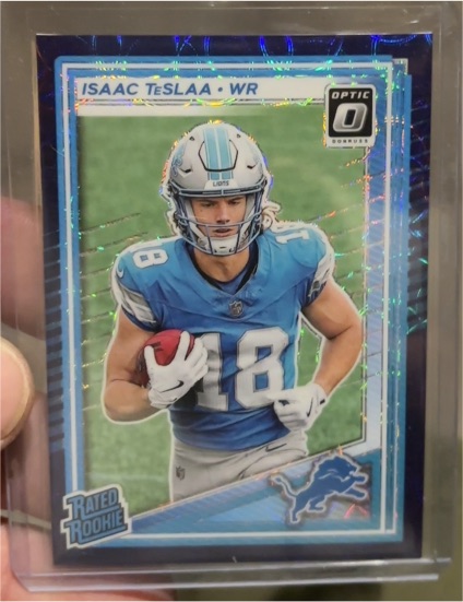 2025 Panini Donruss Optic #219 Isaac TeSlaa Purple Shock Rated Rookie Detroit Lions — front