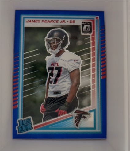2025 Donruss Optic #240 James Pearce Jr. Rated Rookie Blue Prizm Falcons — front