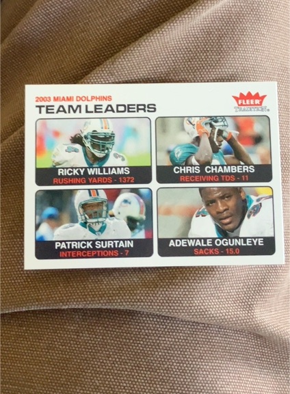 2004 Fleer Tradition #1 Team Leaders Ricky Williams/Chris Chambers/Adewale Ogunleye/Patrick Surtain — front
