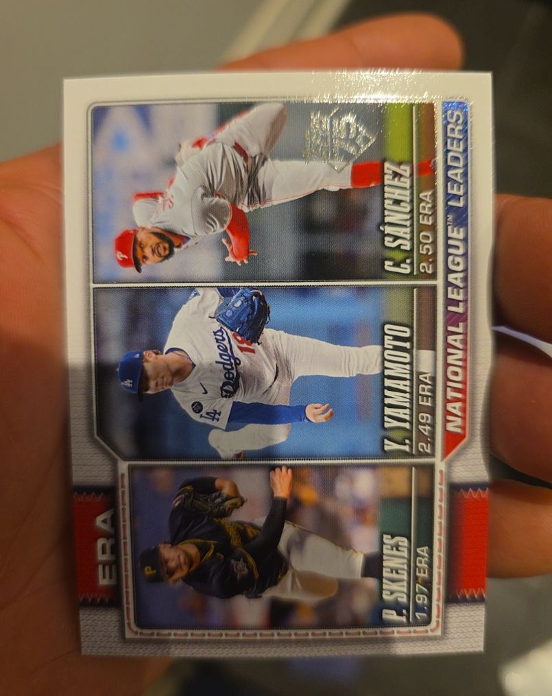 2026 Topps Series 1 National League ERA Leaders #203 P. Skenes, Y. Yamamoto, C. Sanchez — front