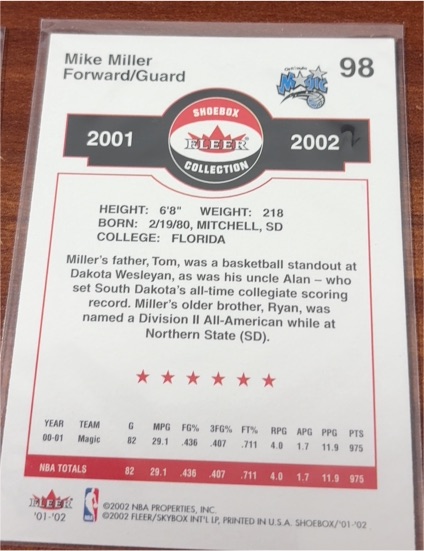 2001 Fleer Shoebox Collection #98 Mike Miller — front