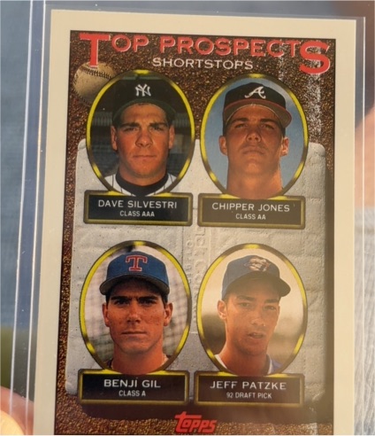 1993 Topps #529 Top Prospects Dave Silvestri, Chipper Jones, Benji Gil, Jeff Patzke — front
