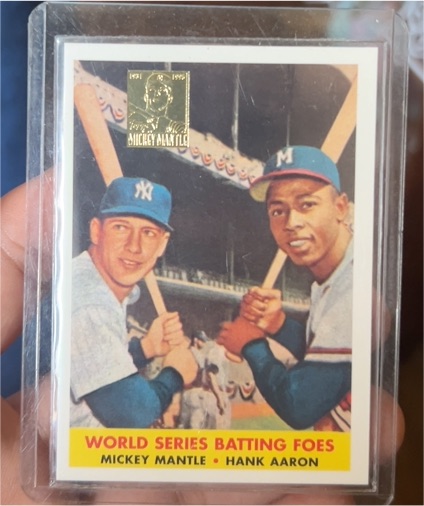 1996 Topps #418 World Series Batting Foes Mickey Mantle Hank Aaron — front