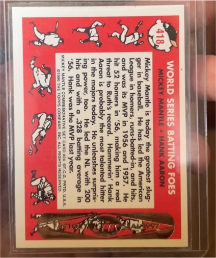 1996 Topps #418 Mickey Mantle Hank Aaron World Series Batting Foes — front