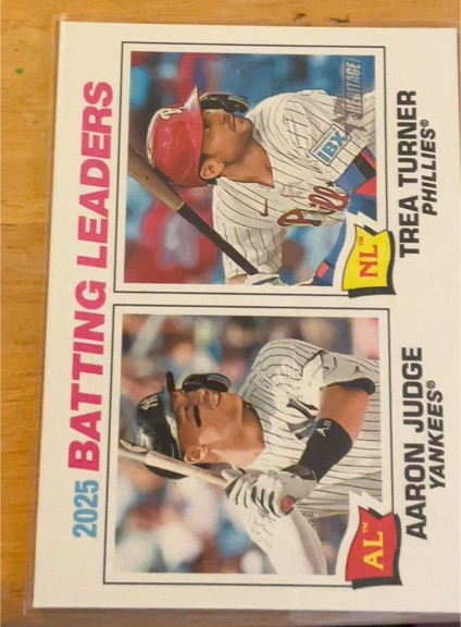 2026 Topps Heritage #1 Batting Leaders Aaron Judge & Trea Turner — front