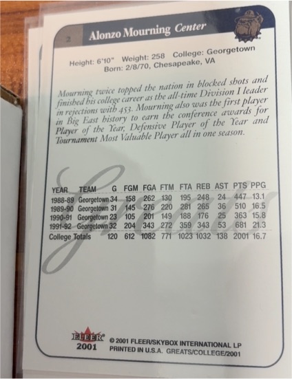 2001 Fleer Greats of the Game #2 Alonzo Mourning — front