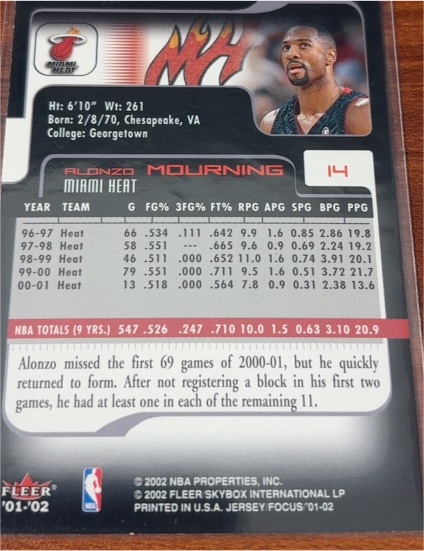 2001-02 Fleer Focus #14 Alonzo Mourning Miami Heat — front