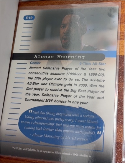 2001 SAGE #R19 Alonzo Mourning — front