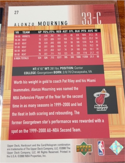 1999-00 Upper Deck #27 Alonzo Mourning — front