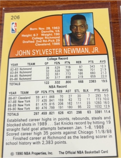 1990 Hoops #206 Johnny Newman New York Knicks — front