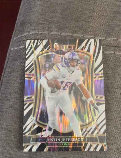 2025 Panini Select Premier Level Zebra Prizm Justin Jefferson — front