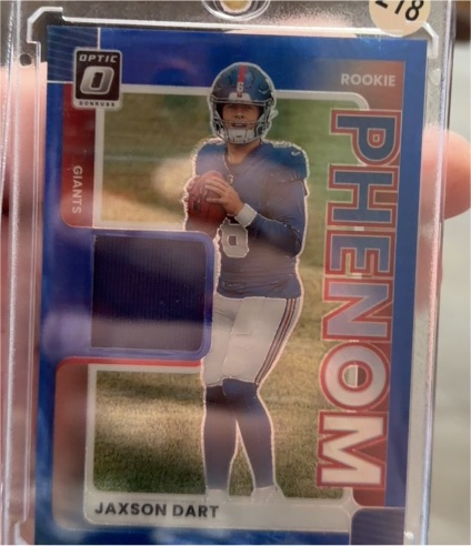 2025 Donruss Optic #RPBH-JCW Jaxson Dart Rookie Phenom Patch Blue Hyper Prizm — front
