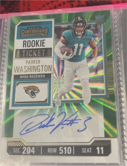 2023 Panini Contenders #146 Parker Washington Rookie Ticket Green Laser Auto — front