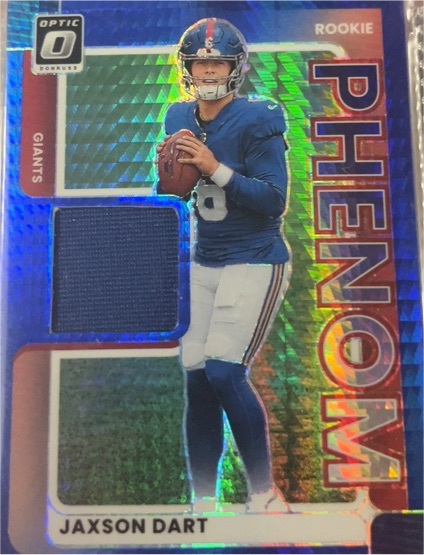 2025 Donruss Optic #RPBH-JCW Jaxson Dart Rookie Phenom Patch Blue Hyper Prizm Giants — front