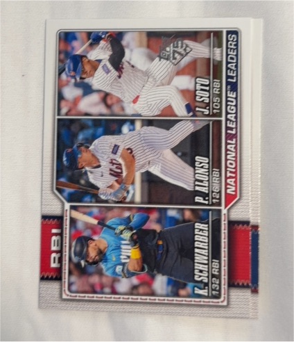 2026 Topps #11 NL RBI Leaders Kyle Schwarber / Pete Alonso / Juan Soto — front