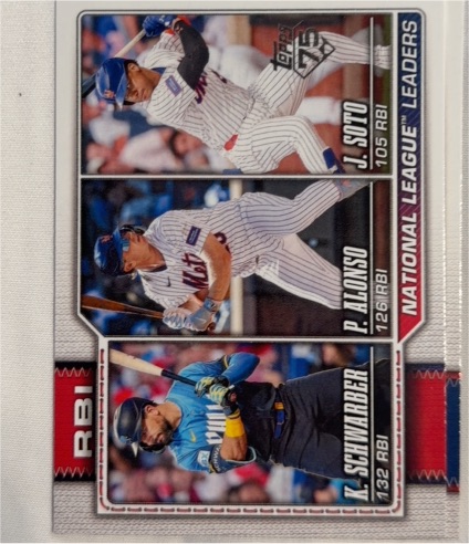 2026 Topps #11 NL Leaders RBI Kyle Schwarber / Pete Alonso / Juan Soto — front