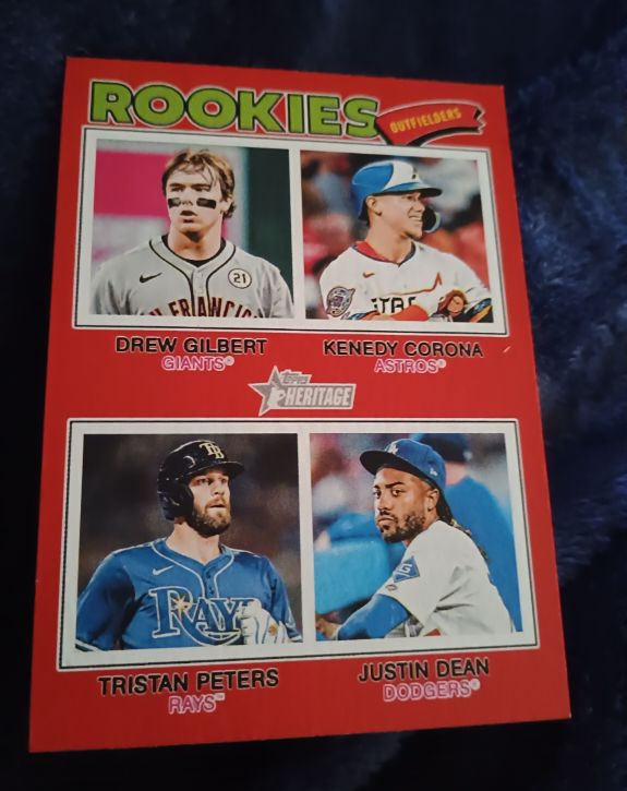 2026 Topps Heritage #388 Rookie Outfielders Drew Gilbert Kenedy Corona Tristan Peters Justin Dean — front