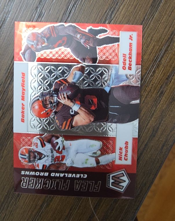 2020 Panini Mosaic Flea Flicker #FF4 Baker Mayfield Odell Beckham Jr. Nick Chubb — front