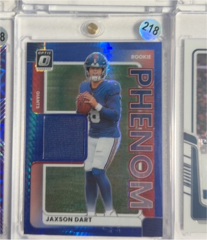 2025 Donruss Optic #RPBH-JCW Jaxson Dart Rookie Phenom Patch Blue Hyper Prizm Giants — front