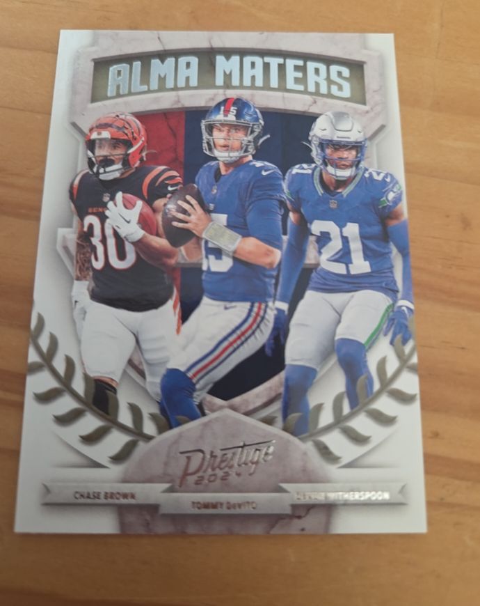 2024 Panini Prestige Alma Maters #24 Chase Brown, Tommy DeVito, Devon Witherspoon — front