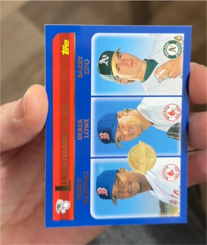 2003 Topps #341 AL ERA Leaders Barry Zito Derek Lowe Pedro Martinez — front