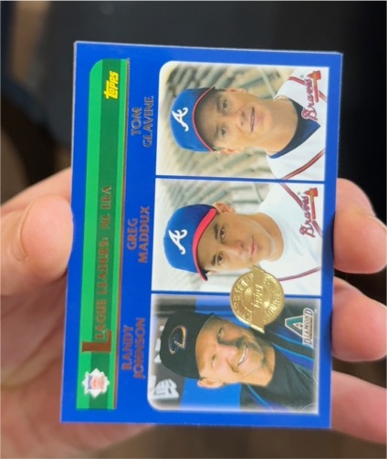 2003 Topps #347 League Leaders Randy Johnson Greg Maddux Tom Glavine — front