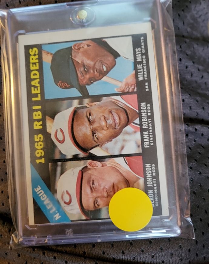 1966 Topps #219 National League 1965 RBI Leaders Willie Mays, Frank Robinson, Deron Johnson — front