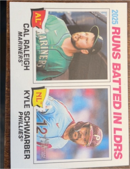 2026 Topps Heritage #3 Cal Raleigh Kyle Schwarber 2025 Runs Batted In Leaders — front
