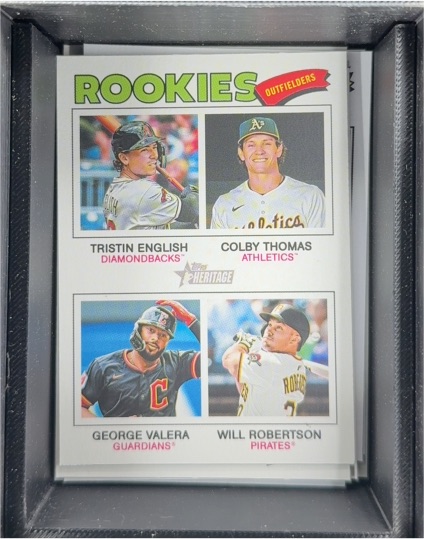 2026 Topps Heritage #379 Tristin English/Colby Thomas/George Valera/Will Robertson Rookie Outfielders — front
