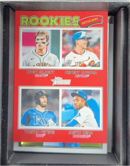 2026 Topps Heritage #388 Quad Rookies Outfielders Drew Gilbert / Kenedy Corona / Tristan Peters / Justin Dean — front