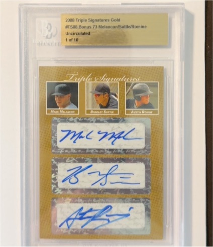 2008 Triple Signatures Gold #TS08.Bonus.73 Mark Melancon / Brad Suttle / Austin Romine — front