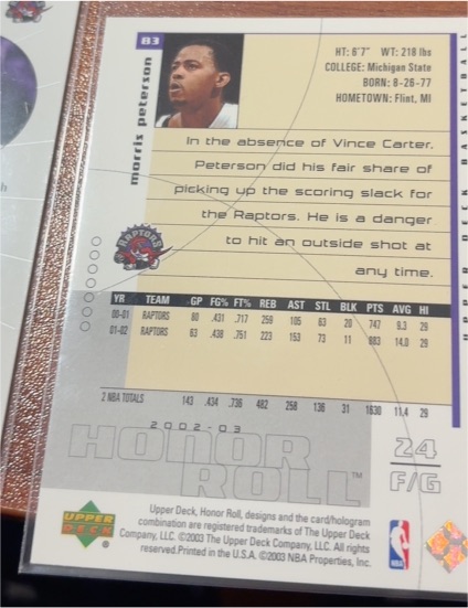 2001-02 Upper Deck Honor Roll #83 Morris Peterson — front