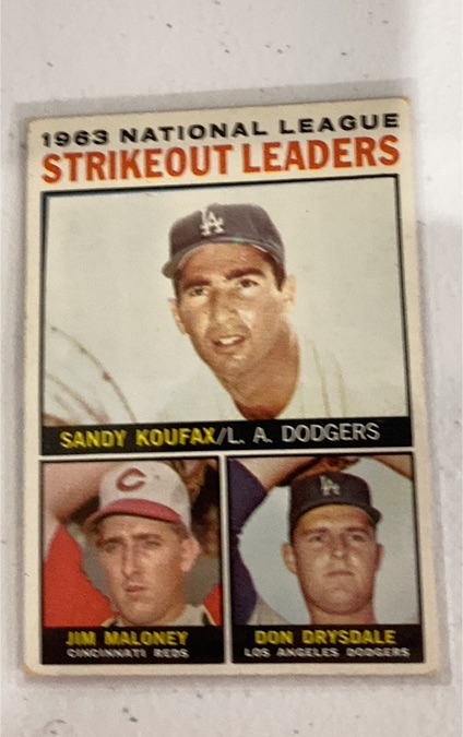 1964 Topps #5 1963 National League Strikeout Leaders Sandy Koufax / Jim Maloney / Don Drysdale — front