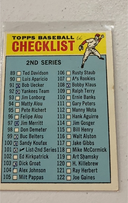 1966 Topps Baseball #101 2nd Series Checklist — front