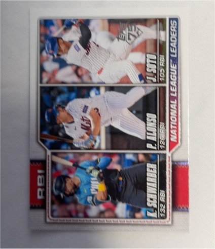 2026 Topps #11 NL Leaders RBI (Kyle Schwarber / Pete Alonso / Juan Soto) — front