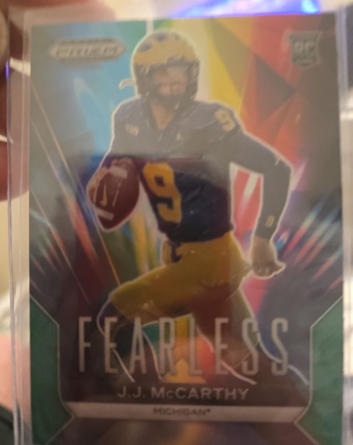 2024 Panini Prizm Draft Picks #F-JJM J.J. McCarthy Fearless Green Prizm Rookie Card — front