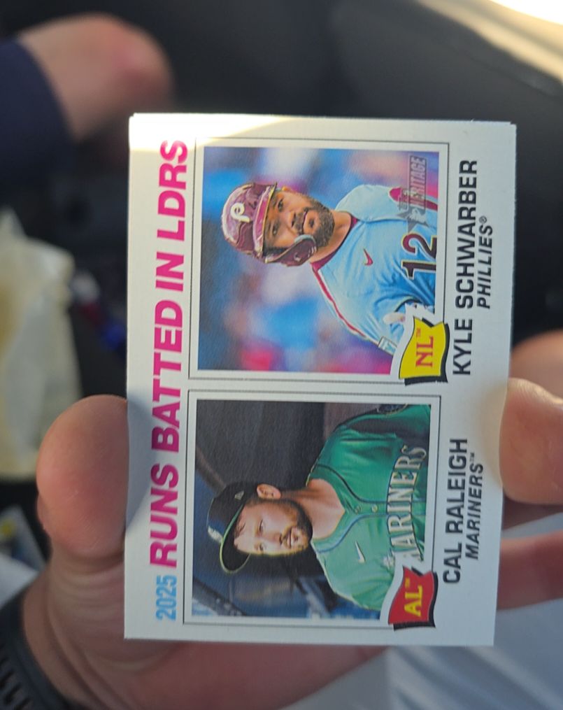 2026 Topps Heritage #3 Cal Raleigh / Kyle Schwarber 2025 Runs Batted In Leaders — front