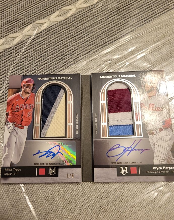 2024 Topps Museum Collection Momentous Material Dual Patch Auto Mike Trout Bryce Harper #1/5 — front