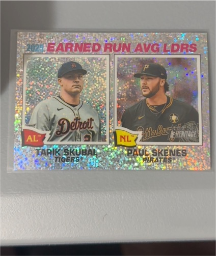 2026 Topps Heritage #7 Tarik Skubal & Paul Skenes ERA Leaders Silver Sparkle — front