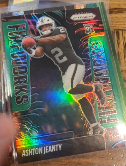 2025 Panini Prizm #10 Ashton Jeanty Fireworks Green Prizm Rookie Card — front