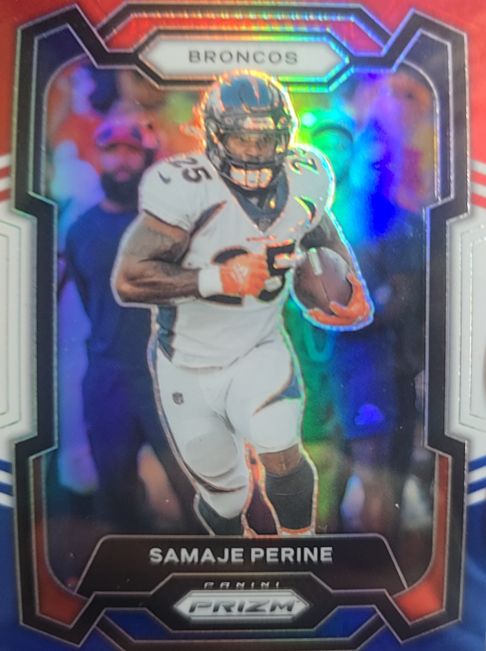 2023 Panini Prizm #88 Samaje Perine Red White and Blue Denver Broncos — front