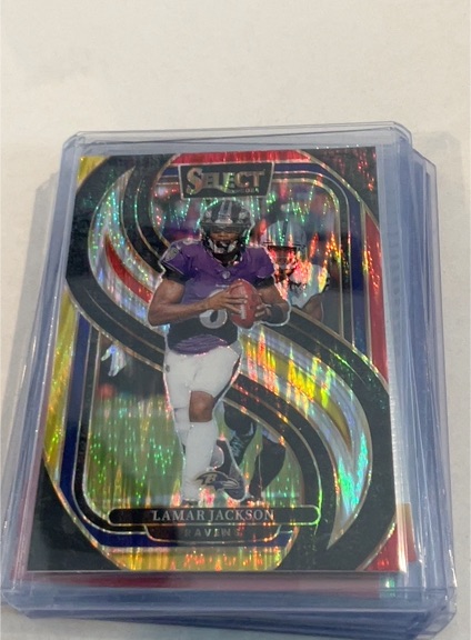 2024 Panini Select #121 Lamar Jackson Premier Level Red & Blue Shock Prizm — front