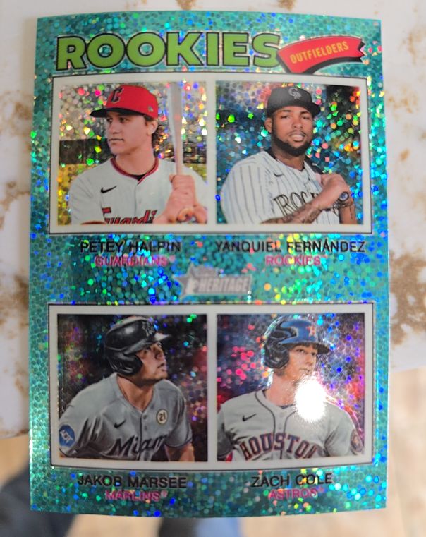 2026 Topps Heritage #392 Rookie Outfielders Petey Halpin Yanquiel Fernandez Jakob Marsee Zach Cole — front