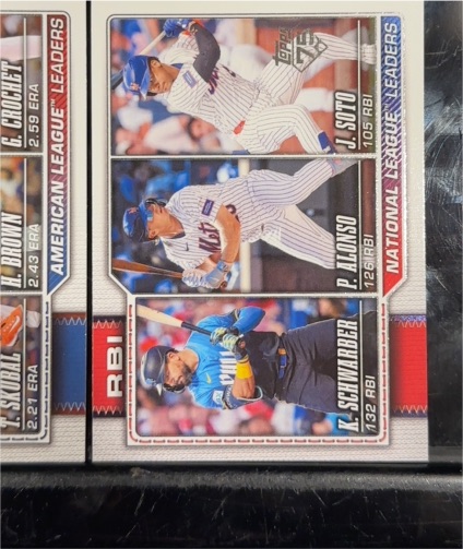 2026 Topps Series 1 #11 National League RBI Leaders Kyle Schwarber / Pete Alonso / Juan Soto — front
